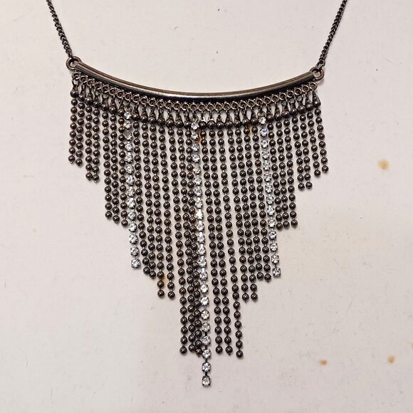 Handmade Gun Metal Rhinestone Fringe Statement Choker Fashion Necklace - Picture 5 of 8